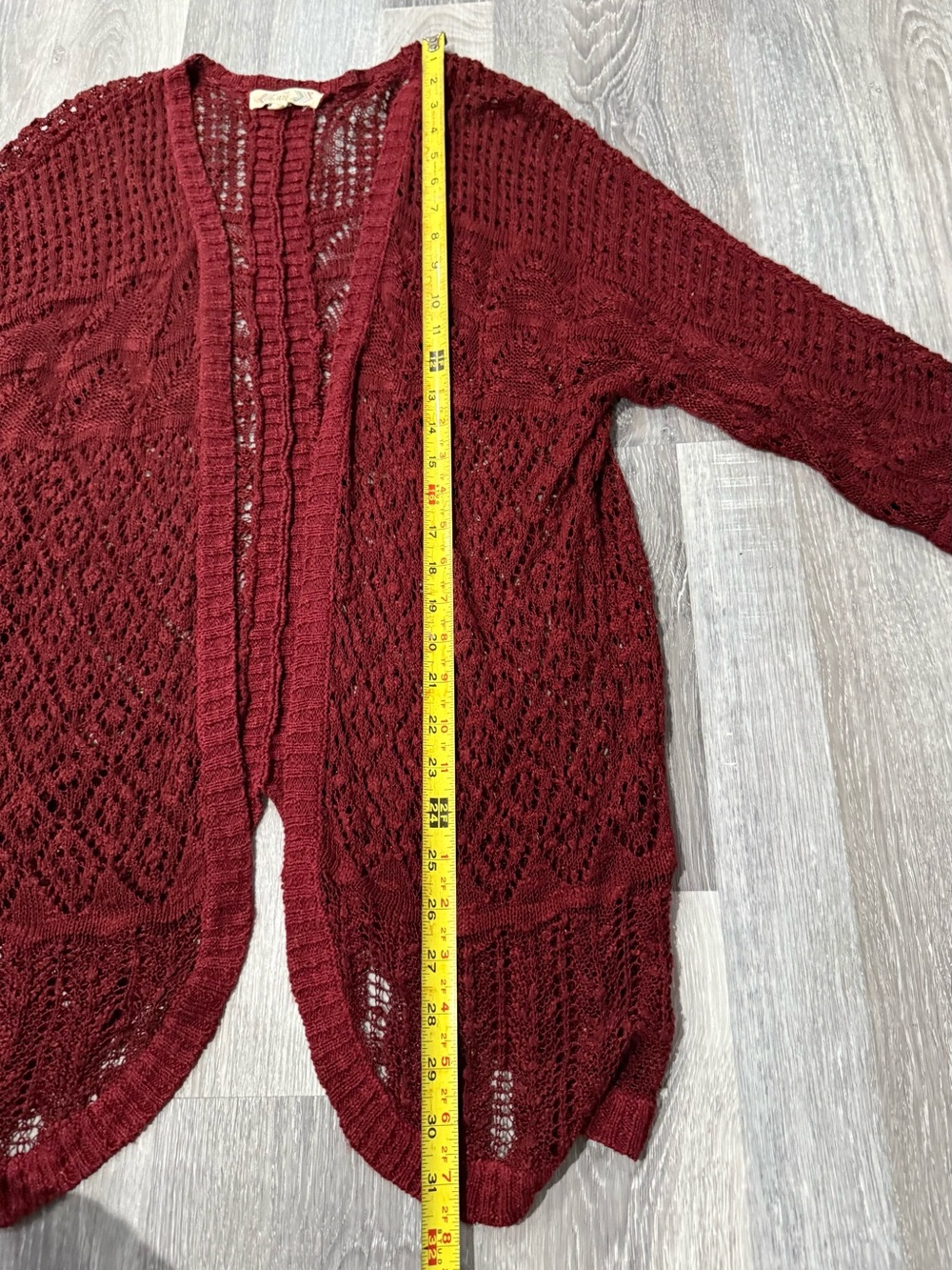 Women's Burgundy Oversized Crochet Knit Open Front Cardigan Boho Kimono Sweater - Picture 6 of 6